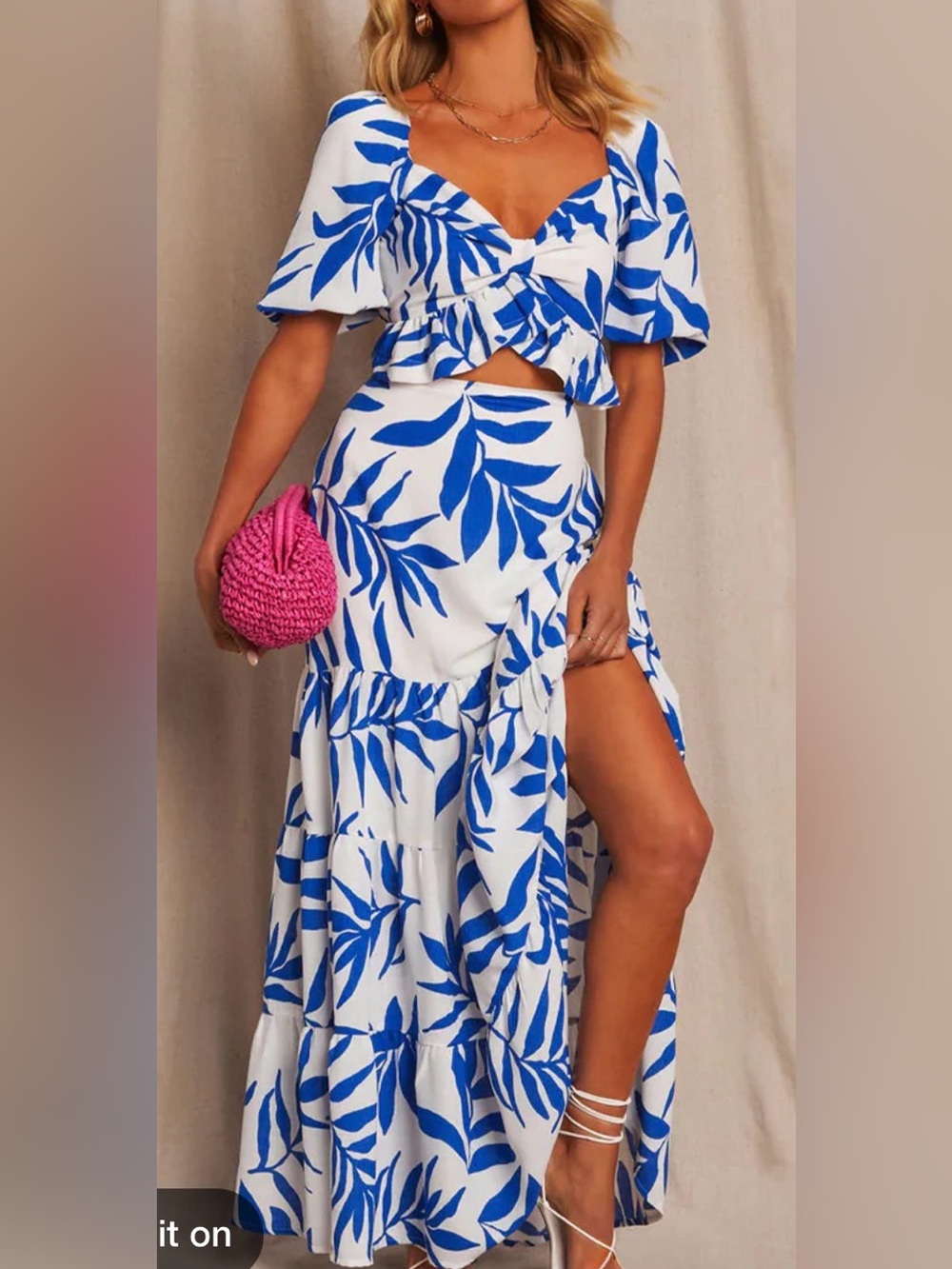 Blue & White Leaf Print Maxi two piece set